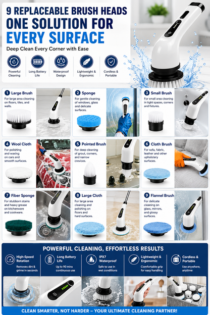 Electric Bathroom Cleaning Brush 9-in-1 Wireless Household Rotation Cleaning Brush for Bathroom Kitchen Toilet Cleaning Scrubber